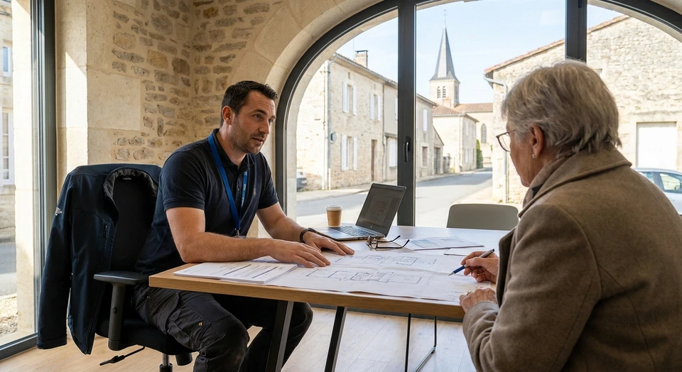 Photographie d'un professionnel en tenue de travail (CERP) dans un bureau ou espace d'accueil, assis à un bureau avec un ordinateur ou documents, en interaction avec un client (vue de dos du client) discutant des plans ou devis d'un projet de chauffage ou plomberie. L'atmosphère doit être professionnelle, confiante et bienveillante, illustrant la notion d'interlocuteur unique et de suivi personnalisé.