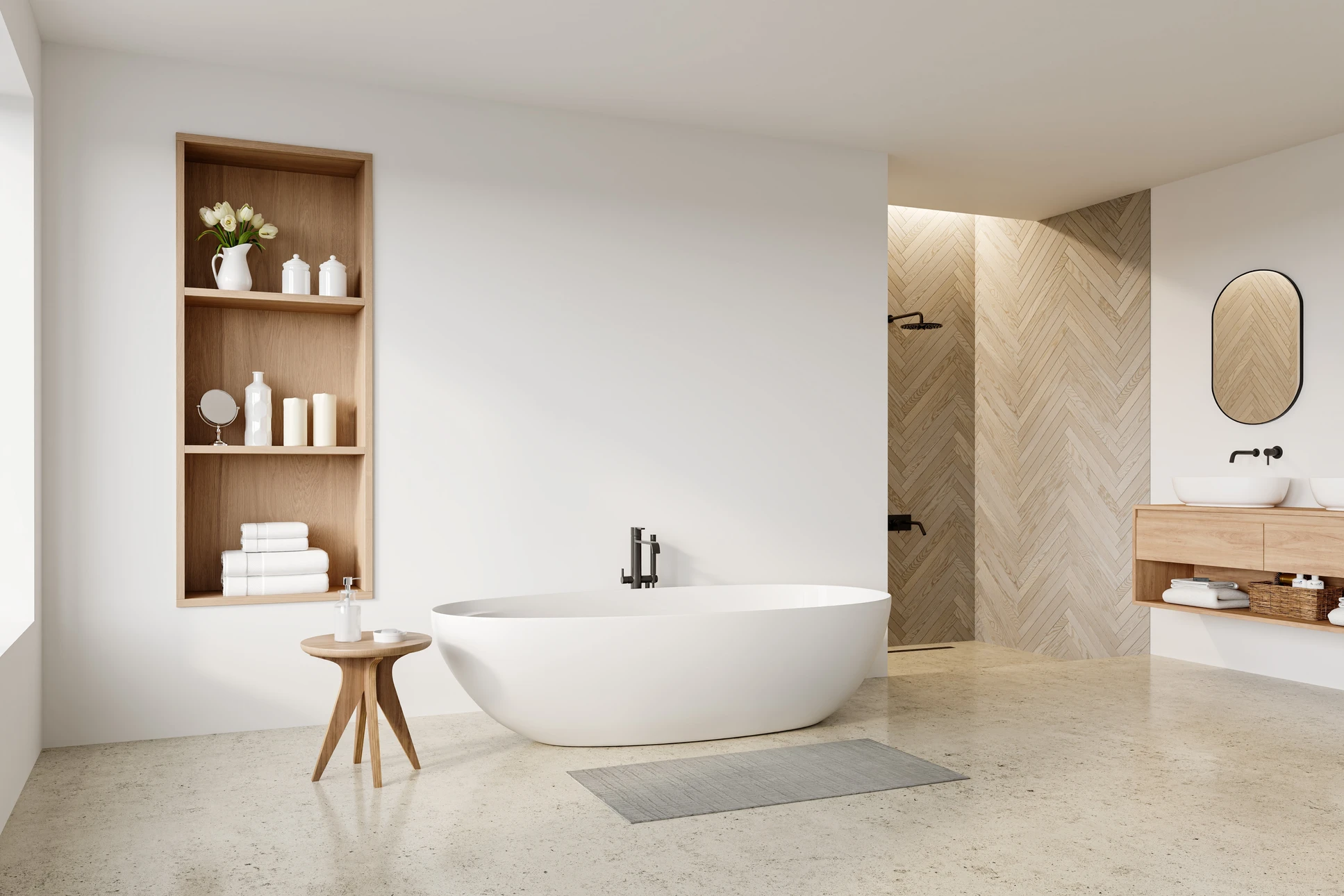 Salle de bains moderne avec douche &agrave; l'italienne et double vasque